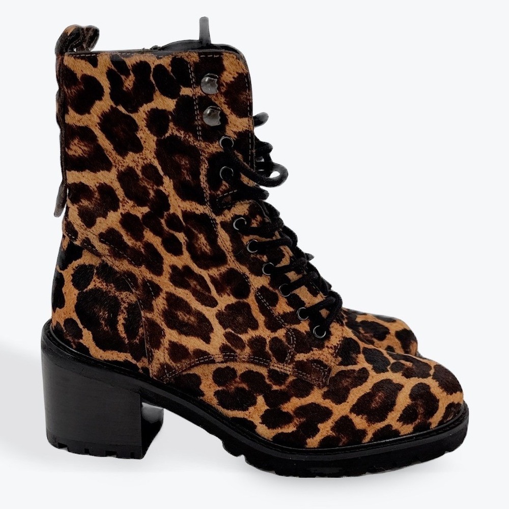 Seychelles Leopard Print Combat Boots Chunky Heel Lace Up Women Size 6
